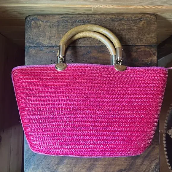 Hot Pink Woven Straw Tote Wood Handles Resort Bag Made in Italy NWOT Piergiorgio - Picture 13 of 16